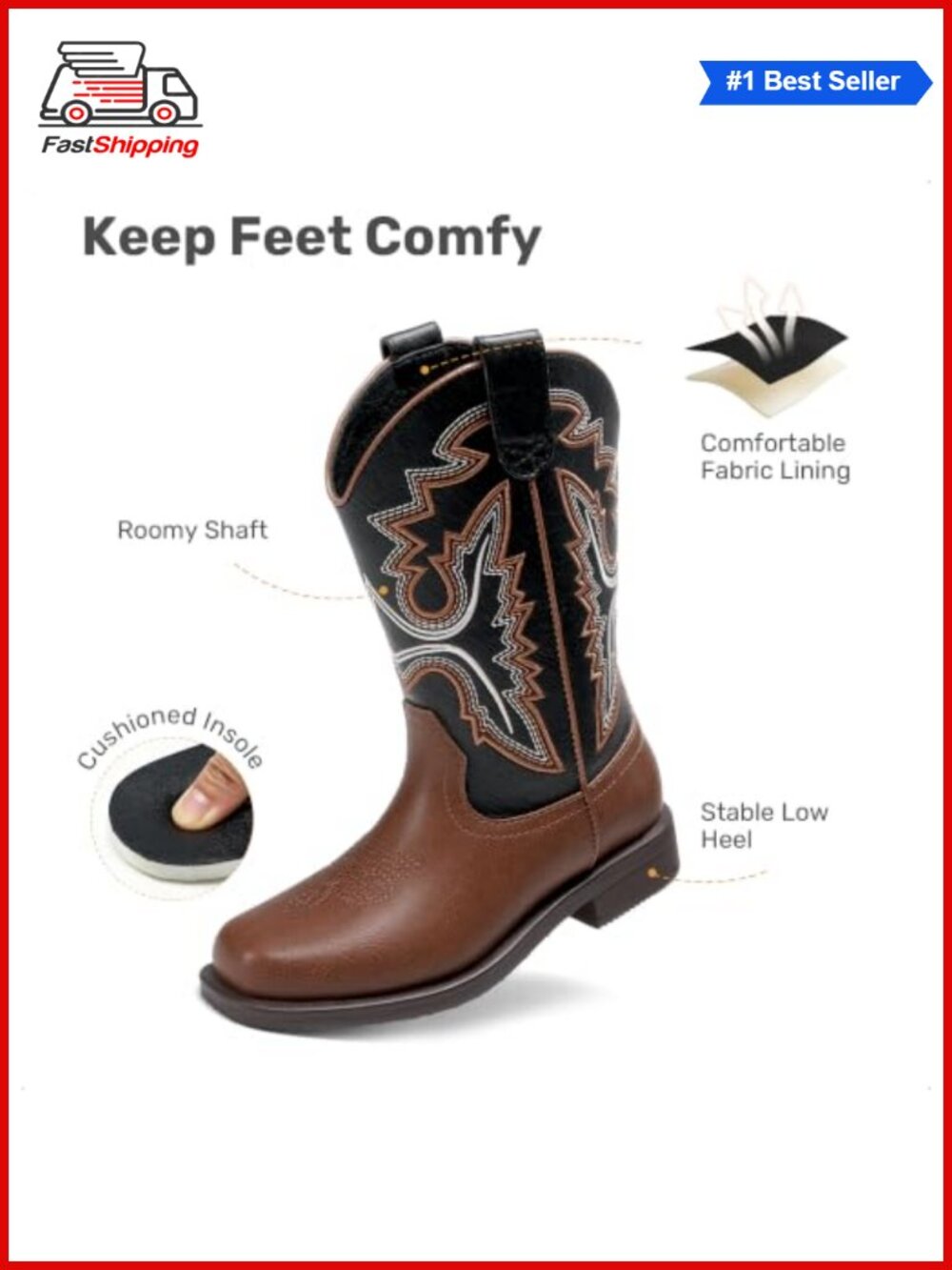 ✨ Dream Pairs Kids Western Cowboy Boots Faux Leather Pull-On - Picture 3 of 6